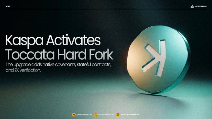 The image features a large, blue-green coin that has an arrow pointing upwards on its surface. Below this coin, there's text that reads "Kaspa Activates Tocata Hard Fork", which indicates that the coin was created by Kaspa and is now ready for activation. The post also mentions that the coin was scheduled to be activated in June of the following year, which is 202nd month. This information suggests that the coin has been designed specifically for use on the mainnet, as it is described as a "native Layer 1" coin.