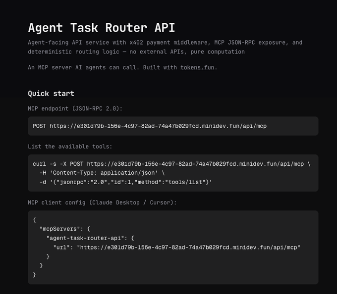 A documentation page for an 'Agent Task Router API' describing an MCP server with JSON-RPC endpoint details and Claude Desktop client configuration code.