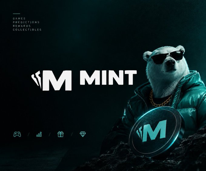 A promotional graphic for 'M MINT' featuring a polar bear wearing sunglasses and a teal puffer jacket, with menu options for Games, Predictions, Rewards, and Collectibles.