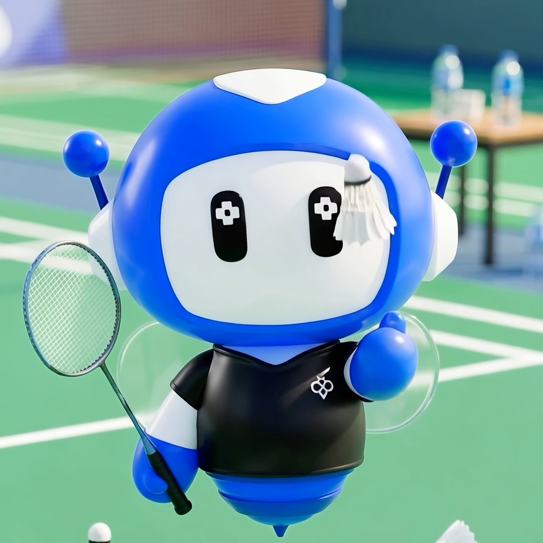 A 3D-rendered illustration of a cute blue and white robot character with a mop-like accessory on its head, holding a badminton racket and wearing a black shirt with a badminton logo, standing on a badminton court.