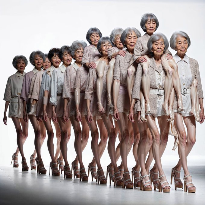 The image features a group of elderly women posing together for a photo, all wearing high heels. They are arranged in a line, with each woman standing next to another person who is also wearing high heels. The women's poses suggest they might be participating in an event or gathering where formal attire is required. The post appears to be related to fashion and style, possibly discussing the latest trends or showcasing a collection of images featuring these women.