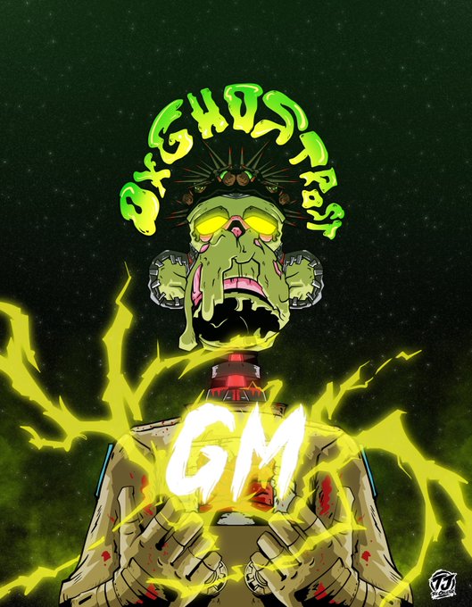 An NFT-style digital artwork titled 'GM GHOST KIDS' depicts a green ghostly figure surrounded by yellow lightning with 'GM' written across its chest.
