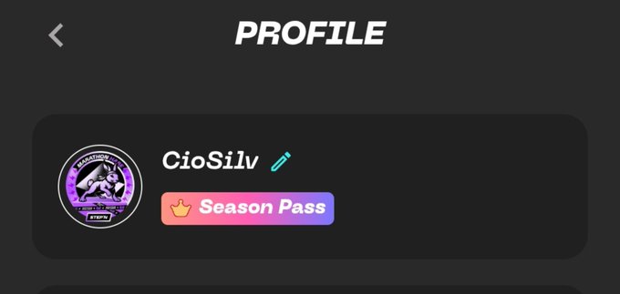 A user profile screen from STEPN showing username 'CioSilv' with a Season Pass badge and a marathon-themed NFT avatar in purple tones.
