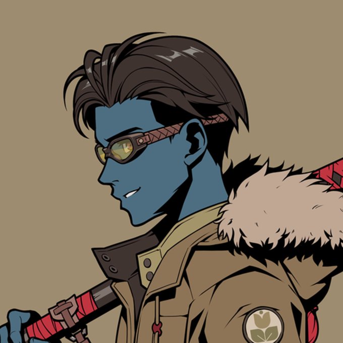 A stylized illustration of a blue-skinned character wearing goggles and a fur-lined brown coat, holding a red-wrapped weapon.
