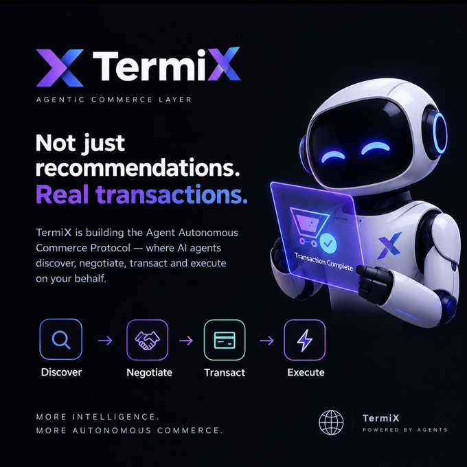 A promotional graphic for TermiX 'Agentic Commerce Layer' featuring a white robot holding a glowing screen displaying 'Transaction Complete', with text promoting AI agents that discover, negotiate, transact, and execute on behalf of users.