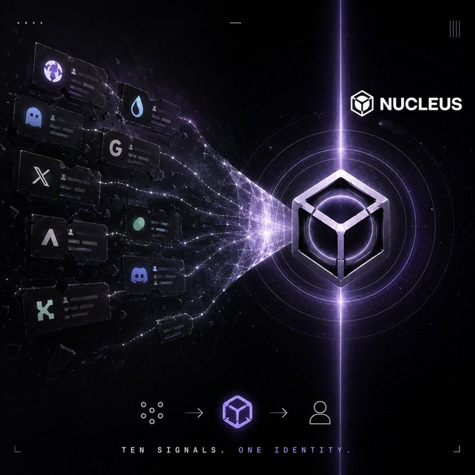 Promotional graphic for NUCLEUS with the tagline 'TEN SIGNALS. ONE IDENTITY.' showing multiple social/platform icons converging into a central cube logo.