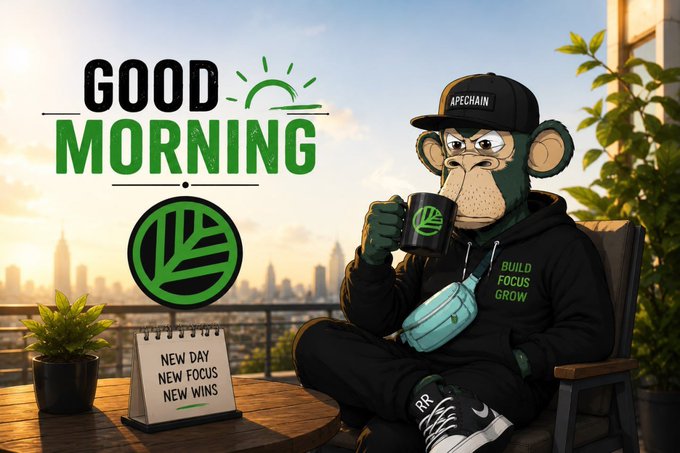 A 'GOOD MORNING' graphic featuring an ape character wearing an 'APECHAIN' cap, drinking from a mug, with motivational text 'BUILD FOCUS GROW' and 'NEW DAY NEW FOCUS NEW WINS'.