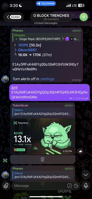A screenshot of a Telegram group chat called "0 BLOCK TRENCHES" showing messages about the token $DOPE ($DOPE/ANTRHP), including a 13.1x gain notification on TokenScan and a meme featuring a green Pepe smoking a cigar, aligning with the caption's theme of catching a $DOPE opportunity.