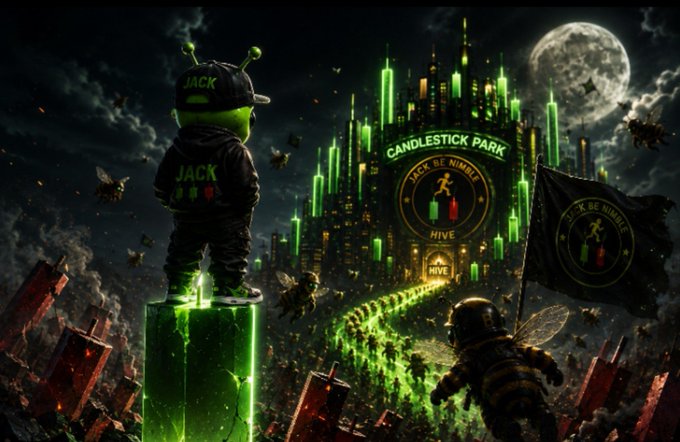 A dark, stylized digital artwork featuring a green alien-like figure wearing a 'JACK' cap on a glowing green pillar, overlooking a neon green cityscape labeled 'CANDLESTICK PARK' and 'JACK BE NIMBLE HIVE' under a full moon.