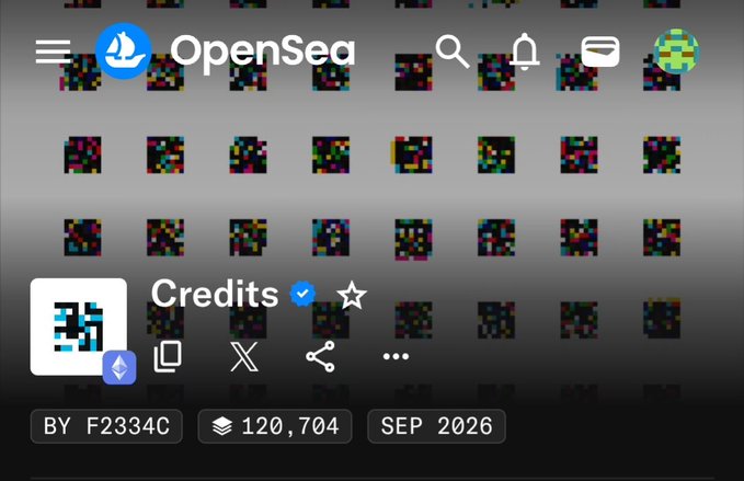 Screenshot of an OpenSea profile for the 'Credits' NFT collection with a verified checkmark, showing 120,704 items, minted by F2334C, with a contract ending SEP 2026.