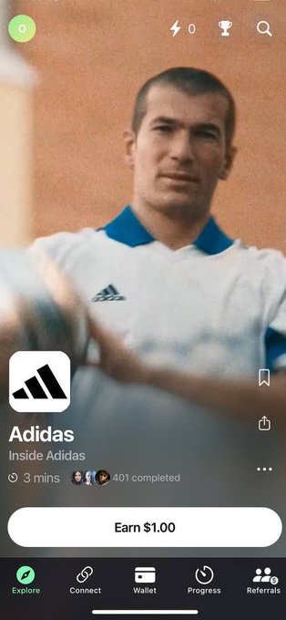 A screenshot of the Earnos app displays an Adidas task with a young male model in a white and blue jersey, offering $1.00 to earn with 401 completions and a 3-minute duration. This visually supports the post's claim about replacing mindless scrolling with paid micro-tasks from major brands like Adidas, illustrating the real USD earnings the app provides during idle moments.