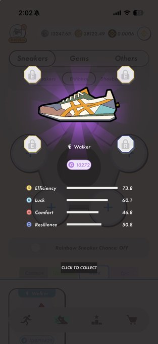 A mobile game interface displays a 'Walker' sneaker NFT with stats: Efficiency 73.8, Luck 60.1, Comfort 46.8, Resilience 50.8, and a 'CLICK TO COLLECT' button.
