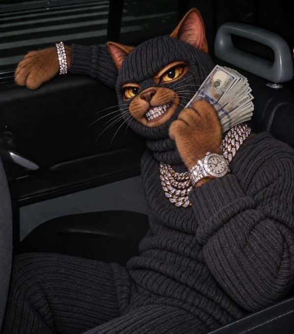 AI-generated anthropomorphic cat wearing a black ski mask and sweater, displaying diamond-encrusted gold chains, a luxury diamond watch, and grillz teeth, while holding a fan of hundred-dollar bills inside a car.