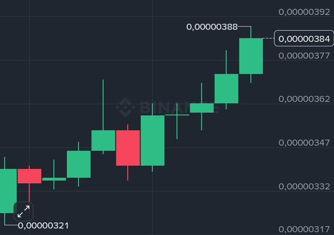 A Binance candlestick chart shows $BONK's price surging from a low of 0.00000321 to a high of 0.00000388, with strong green bullish candles dominating the uptrend, supporting the caption "Big $BONK."