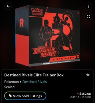 The image shows a sealed Pokémon Destined Rivals Elite Trainer Box (ETB) listed at $152.08, down $19.10 (-11.16%), supporting the poster's $150 price target for DR ETBs and their view that the product may be nearing a bottom, prompting a shift toward local trading rather than buying at current prices.