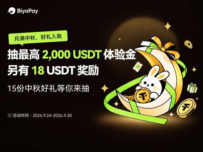 A promotional graphic for 'BiyaPay' featuring a cartoon rabbit in a moon-themed gift box, advertising a lottery draw for up to 2,000 USDT and 18 USDT rewards, running from 2026.9.24 to 2026.9.30.