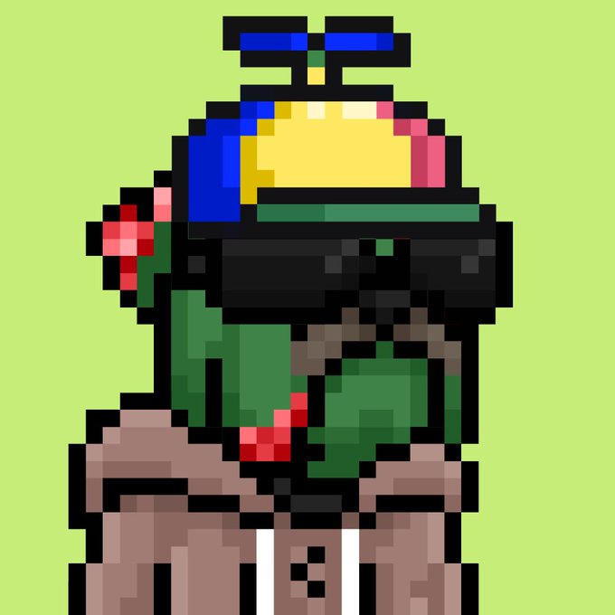 Pixel art of a character with a colorful yellow, blue, red, and pink head, green skin, and brown outfit against a green background.