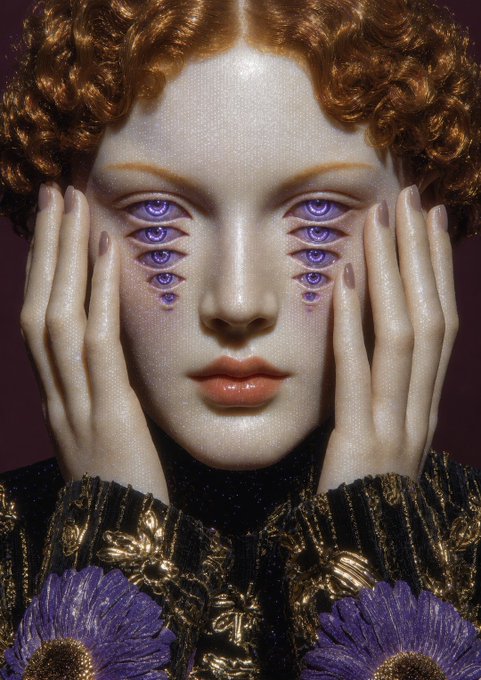 A surreal digital portrait of a pale woman with curly red hair and multiple purple eyes on each side, her hands framing her face, wearing ornate gold and purple clothing.
