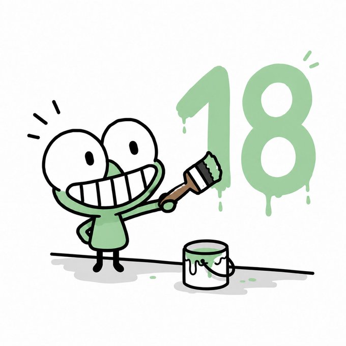 A cartoon illustration features a smiling green character painting the number '18' in matching green paint, with a paint bucket sitting on the ground beside them.