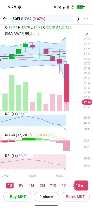 This image features a screenshot of an app with several graphs displayed within its interface. There are various bars, lines, and colors representing different aspects of financial data. The main focus of this screen is a graph that displays the stock prices of companies like Amazon and Netflix. This screenshot has the caption "SOFI doing SOFI things". In summary, it shows the details of the app and possibly some financial data for these companies.