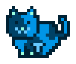 A pixel art sprite of a blue cat-like character with green eyes.