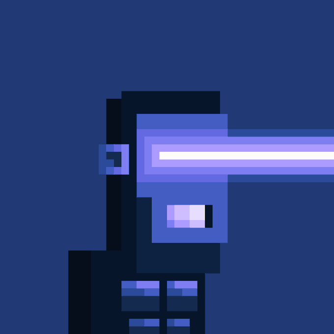 A pixel art image of a dark figure with a glowing purple visor shooting a purple laser beam against a dark blue background.