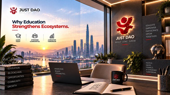 A promotional graphic for 'JUST DAO' with the headline 'Why Education Strengthens Ecosystems,' featuring an office workspace with a laptop and books set against a city skyline at sunset.