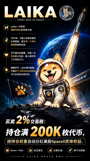 A promotional image for the $LAIKA meme coin features a Shiba Inu dog in an astronaut suit standing on the moon with a SpaceX rocket, alongside Chinese text advertising a 2% transaction tax and 200K token holdings for US SpaceX equity dividends. The "LAIKA FIRST DOG IN SPACE" branding and SpaceX rocket imagery connect to the post's announcement of $LAIKA topping charts at No. 1 and receiving 50,000 LP liquidity support from OKX.
