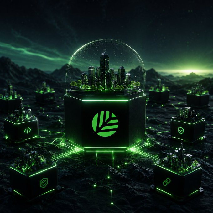 A futuristic sci-fi scene featuring a glass dome containing a miniature glowing green city, set on a dark base with a stylized leaf logo, connected by neon green lines to smaller satellite pods on a rocky alien landscape.