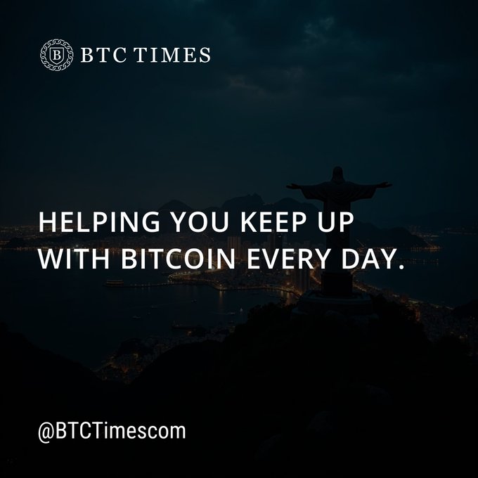 A dark promotional graphic for "BTC TIMES" featuring a night view of Rio de Janeiro's Christ the Redeemer statue with the tagline "HELPING YOU KEEP UP WITH BITCOIN EVERY DAY." and handle "@BTCTimescom".