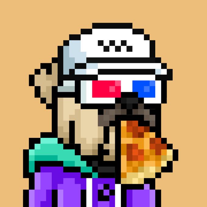 A pixel art illustration depicts a character wearing 3D glasses and a purple shirt, clutching a slice of pizza and a large blue object against a tan background.