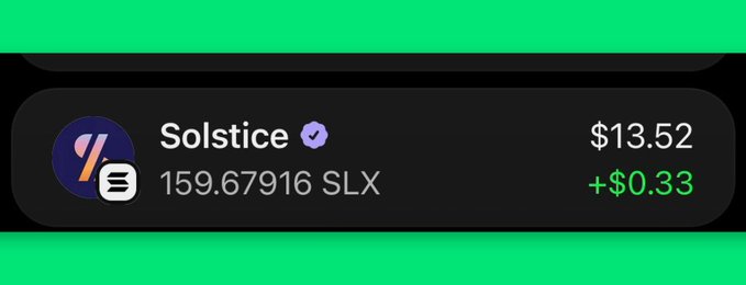A digital wallet interface displays the Solstice (SLX) token with a price of $13.52 (+$0.33) and a balance of 159.67916 SLX on a green background.