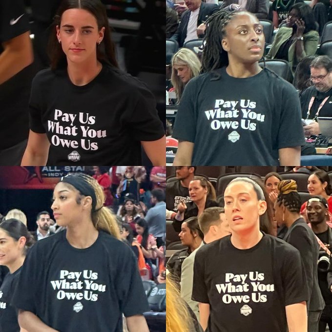 The image shows a collage of four WNBA players (including Caitlin Clark, Angel Reese, and Paige Bueckers) wearing black "Pay Us What You Owe Us" shirts during warmups. The post humorously compares fans eagerly awaiting a PumpFun airdrop to the WNBA players publicly advocating for fair compensation through their bold statement shirts.