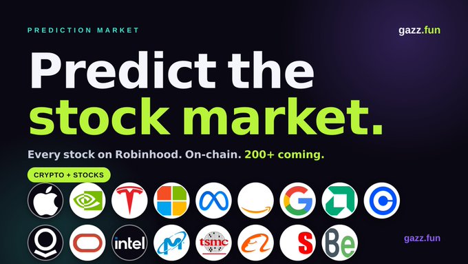 A promotional banner for 'gazz.fun' prediction market featuring the text 'Predict the stock market' and logos for various companies including Apple, NVIDIA, Tesla, Microsoft, Google, and Intel.