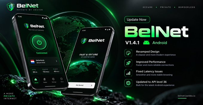A promotional banner for 'BelNet' VPN app version V1.4.1 for Android, highlighting features like 'Revamped Design', 'Improved Performance', 'Fixed Latency Issues', and 'Updated to API level 36' with a 'Get Started' button.