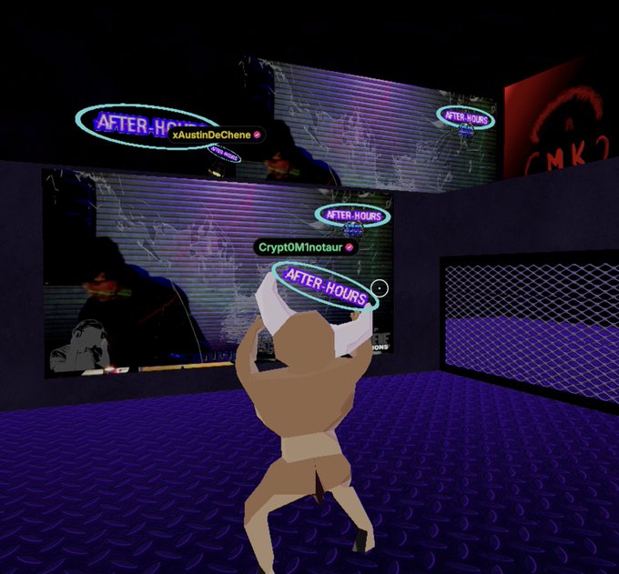 A 3D virtual environment showing a character with brown skin and horns standing in a purple-textured room with screens displaying 'AFTER-HOURS' neon signs and user names like 'xAustinDeChene' and 'Crypt0M1notaur'.