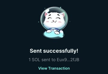 A cute cartoon cat in a space helmet marks a successful transfer with the text "Sent successfully! 1 SOL sent to Eux9…2fJB" and a "View Transaction" link.

The image appears to confirm a 1 SOL prize payout to one of the giveaway winners mentioned in the post, with the link likely pointing to the on-chain transaction as proof of the reward.