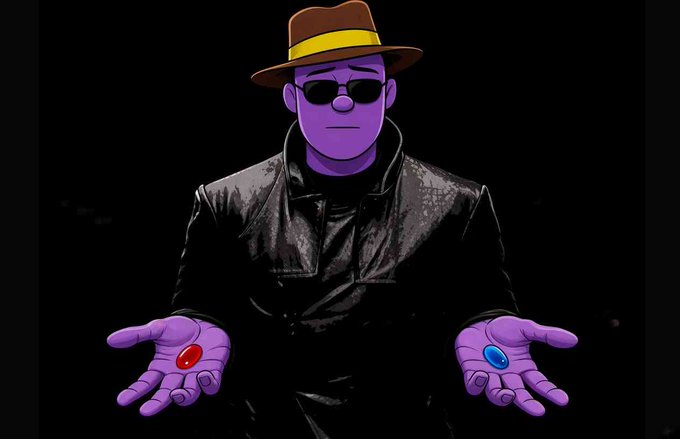 An illustrated purple-skinned character wearing a yellow-banded fedora and sunglasses, dressed in a black leather jacket, holding a red pill in the left hand and a blue pill in the right.
