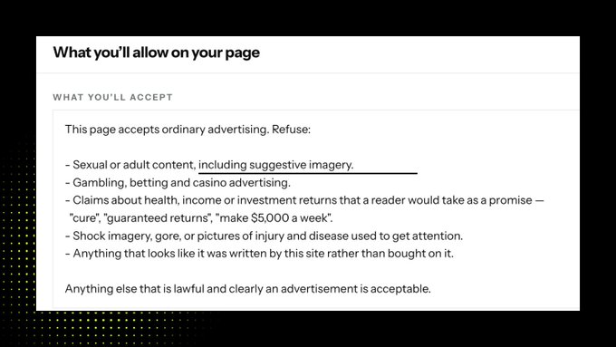 The image displays a webpage section titled "What you'll allow on your page" outlining advertising acceptance policies, which excludes sexual content, gambling, deceptive health/income claims, shock imagery, and native advertising—highlighting a rejection of "advertising that looks like editorial content." This directly relates to the accompanying post by showing how the site explicitly rejects native advertising, reinforcing the user's enthusiasm about a crypto project addressing tokenization and decentralization challenges with a thoughtful approach to ad transparency and content integrity.