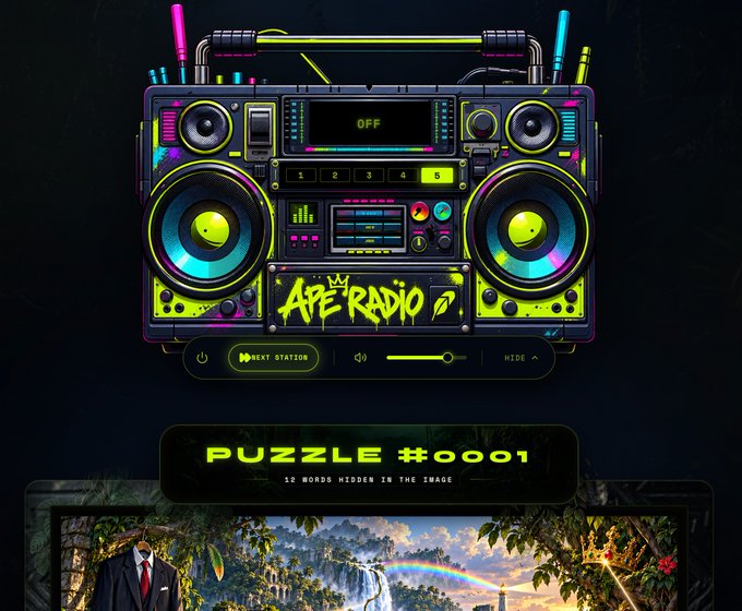 A neon-lit "APE RADIO" boombox displaying "OFF" with the text "PUZZLE #0001 — 12 WORDS HIDDEN IN THE IMAGE" below, paired with a partially visible tropical jungle scene featuring a suited figure — setting up a word-hunt challenge where contestants must find 12 hidden words without zooming in.