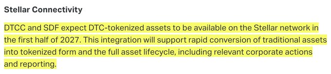 A text excerpt titled "Stellar Connectivity" announcing that DTCC and SDF plan to make DTC-tokenized assets available on the Stellar network ($XLM) in the first half of 2027, supporting rapid conversion of traditional assets into tokenized form along with full asset lifecycle management.