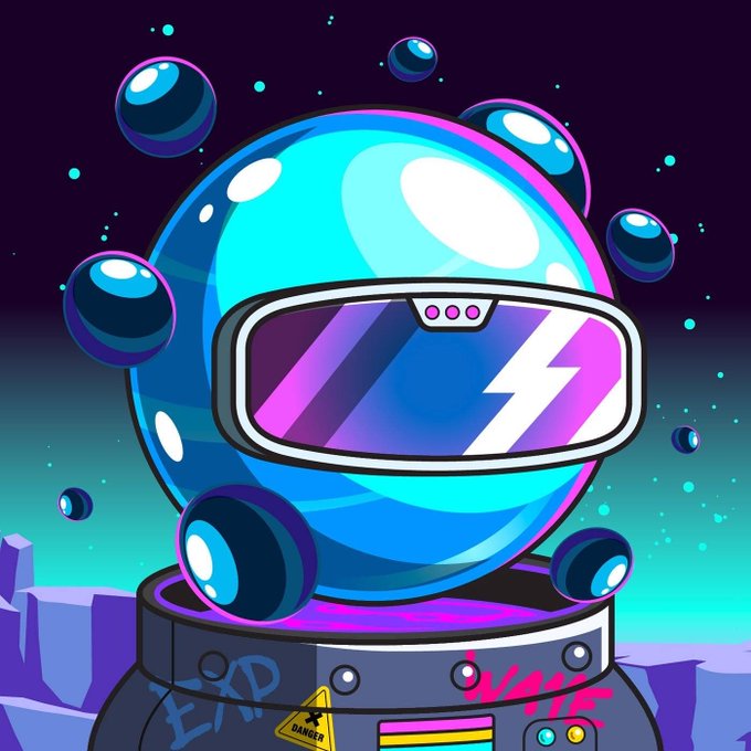 A vibrant digital illustration of a glossy blue astronaut helmet with a reflective pink and purple visor, surrounded by floating bubbles in a neon space setting.
