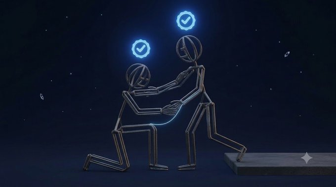 A 3D illustration depicts two wireframe stick figures against a starry space background, with one kneeling to propose to the other, accompanied by two glowing blue checkmarks.
