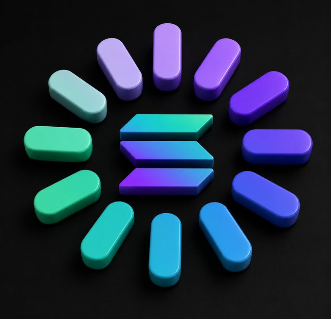 The image features a circular arrangement of twelve blue and purple spheres, each with a unique shape and size, all facing towards the center. The largest sphere is positioned at the top left corner, while the smallest one is located at the bottom right corner. These spheres are arranged in a way that they form a perfect circle, creating an interesting visual effect against a black background. The post accompanying this image reads: "New month, new vibes Solana summer loading".