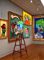 An art gallery corner showing several framed colorful paintings, with a wooden easel holding a whimsical character artwork in the center.
