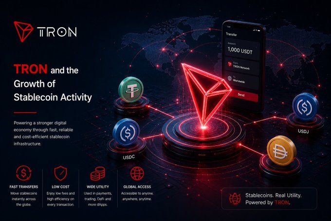 A promotional graphic for 'TRON and the Growth of Stablecoin Activity' featuring the red TRON logo and icons for stablecoins like USDC, USDJ, and Tether, listing features like 'FAST TRANSFERS' and 'LOW COST'.