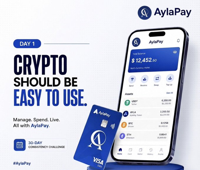 An advertisement for 'AylaPay' reads 'DAY 1 CRYPTO SHOULD BE EASY TO USE' alongside a smartphone showing a crypto wallet balance of $12,452.50 and a blue Visa debit card.