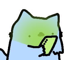 A simple cartoon drawing of a green and white cat-like character holding a green object.