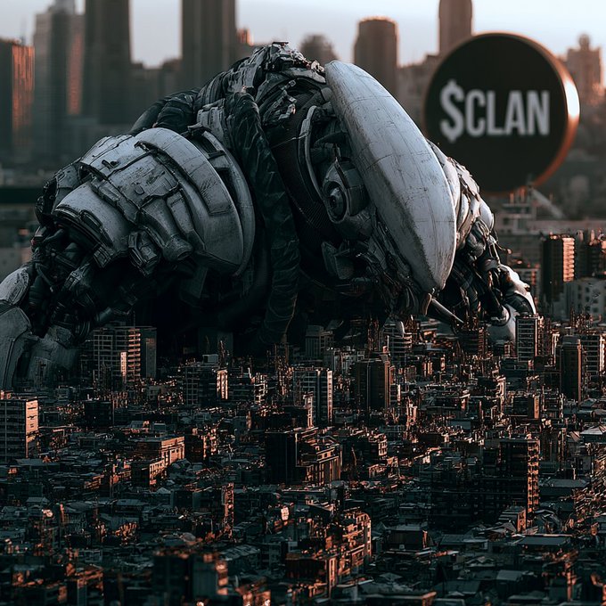 A massive metallic kaiju looms over a sprawling city skyline alongside the "$CLAN" logo, visually capturing the post's "monster" energy as the Kaiju Clan token positions itself as a deflationary Solana powerhouse with its upcoming August 28/29 presale.