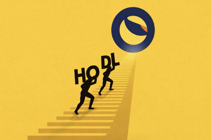 Two silhouetted figures climb a yellow staircase toward a large Terra (LUNA/LUNC) logo at the top, carrying the word "HODL" between them, symbolizing a determined ascent in price. The imagery aligns with the post's bullish sentiment, depicting whales "hodling" and climbing toward higher price levels for LUNC after reclaiming $0.000062.